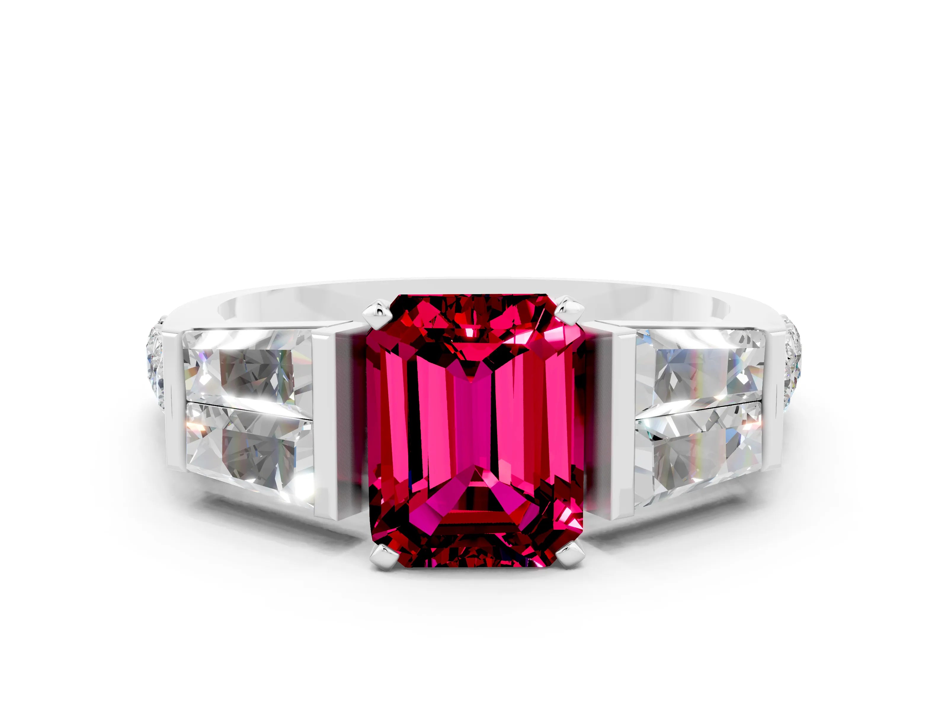 White gold Emerald Cut Garnet Engagement Ring with Baguette Side Stones and Channel Set Band