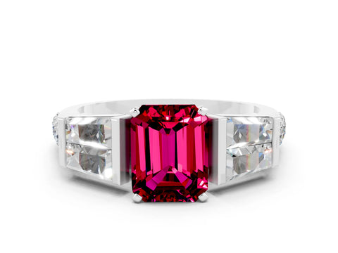 White gold Emerald Cut Garnet Engagement Ring with Baguette Side Stones and Channel Set Band