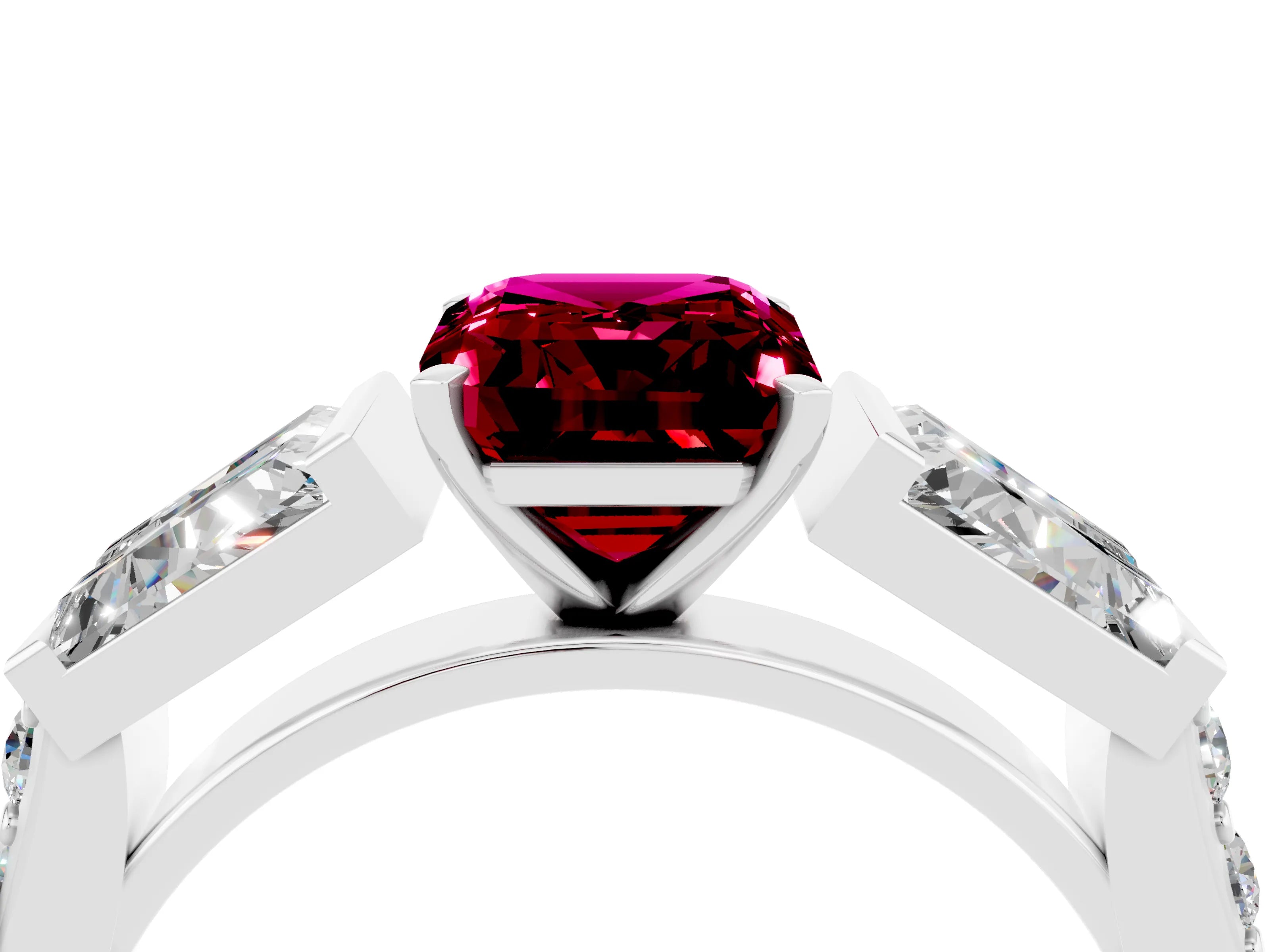 White gold Emerald Cut Garnet Engagement Ring with Baguette Side Stones and Channel Set Band_4