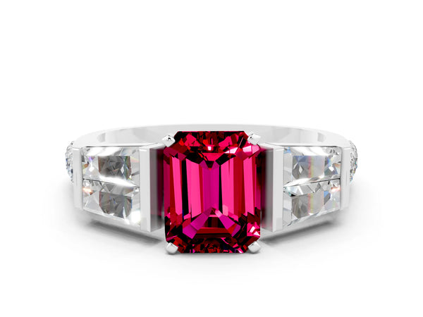 Silver Emerald Cut Garnet Engagement Ring with Baguette Side Stones and Channel Set Band