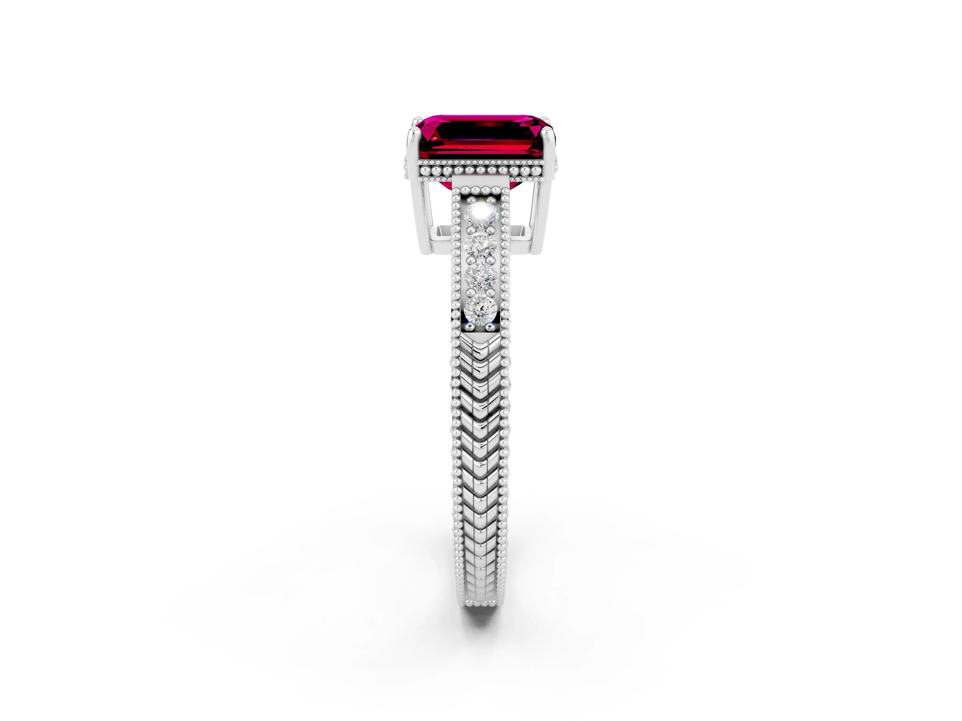 White gold Emerald Cut Garnet Engagement Ring with Milgrain Channel Set Band and Prong Setting_2