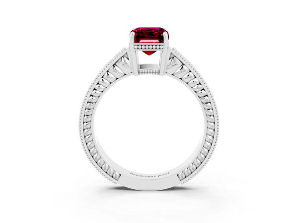 Platinum Emerald Cut Garnet Engagement Ring with Milgrain Channel Set Band and Prong Setting