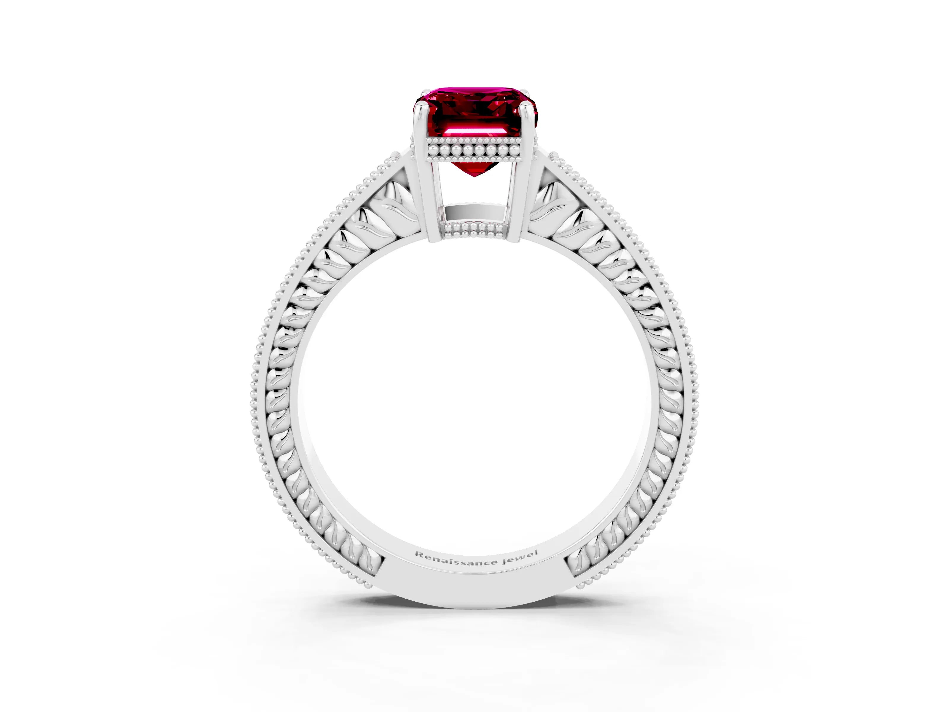 White gold Emerald Cut Garnet Engagement Ring with Milgrain Channel Set Band and Prong Setting_3