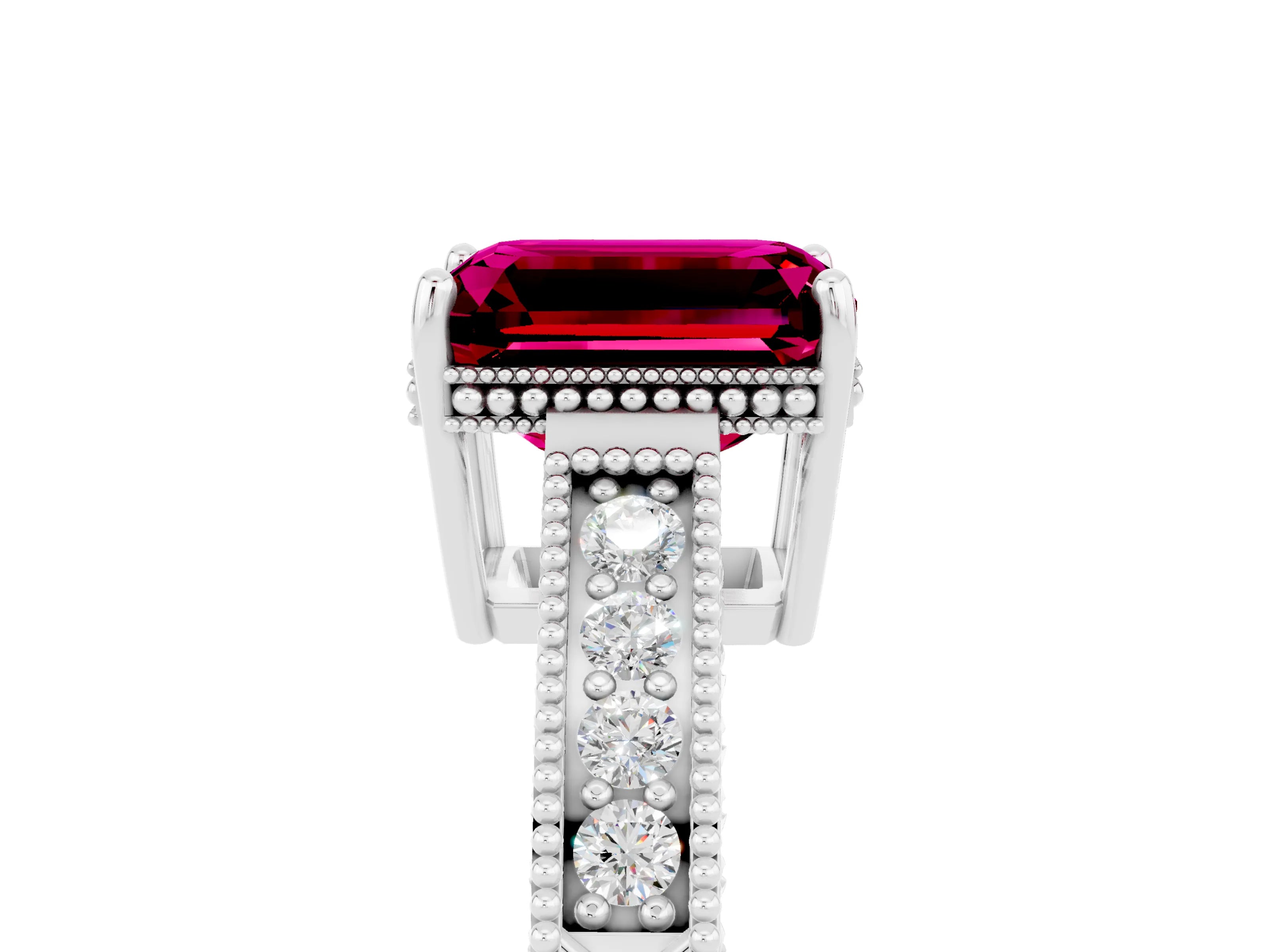 White gold Emerald Cut Garnet Engagement Ring with Milgrain Channel Set Band and Prong Setting_5