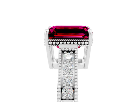 White gold Emerald Cut Garnet Engagement Ring with Milgrain Channel Set Band and Prong Setting_5