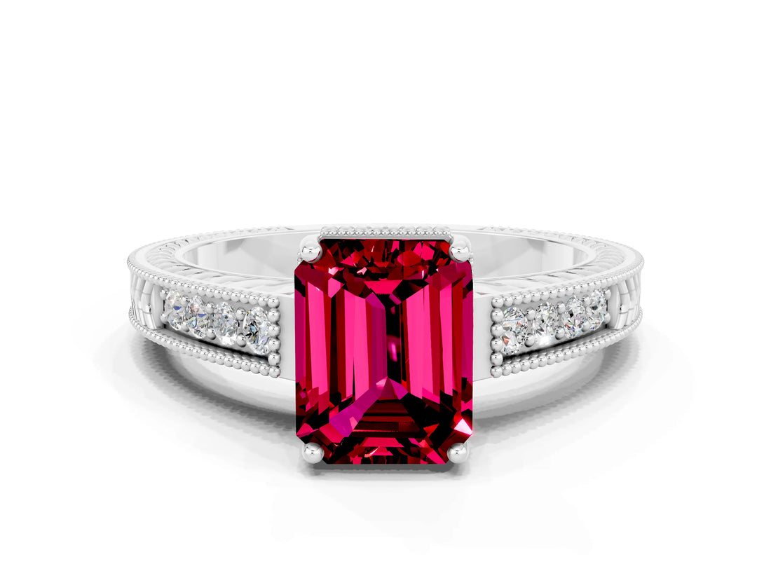 White gold Emerald Cut Garnet Engagement Ring with Milgrain Channel Set Band and Prong Setting