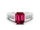 White gold Emerald Cut Garnet Engagement Ring with Milgrain Channel Set Band and Prong Setting