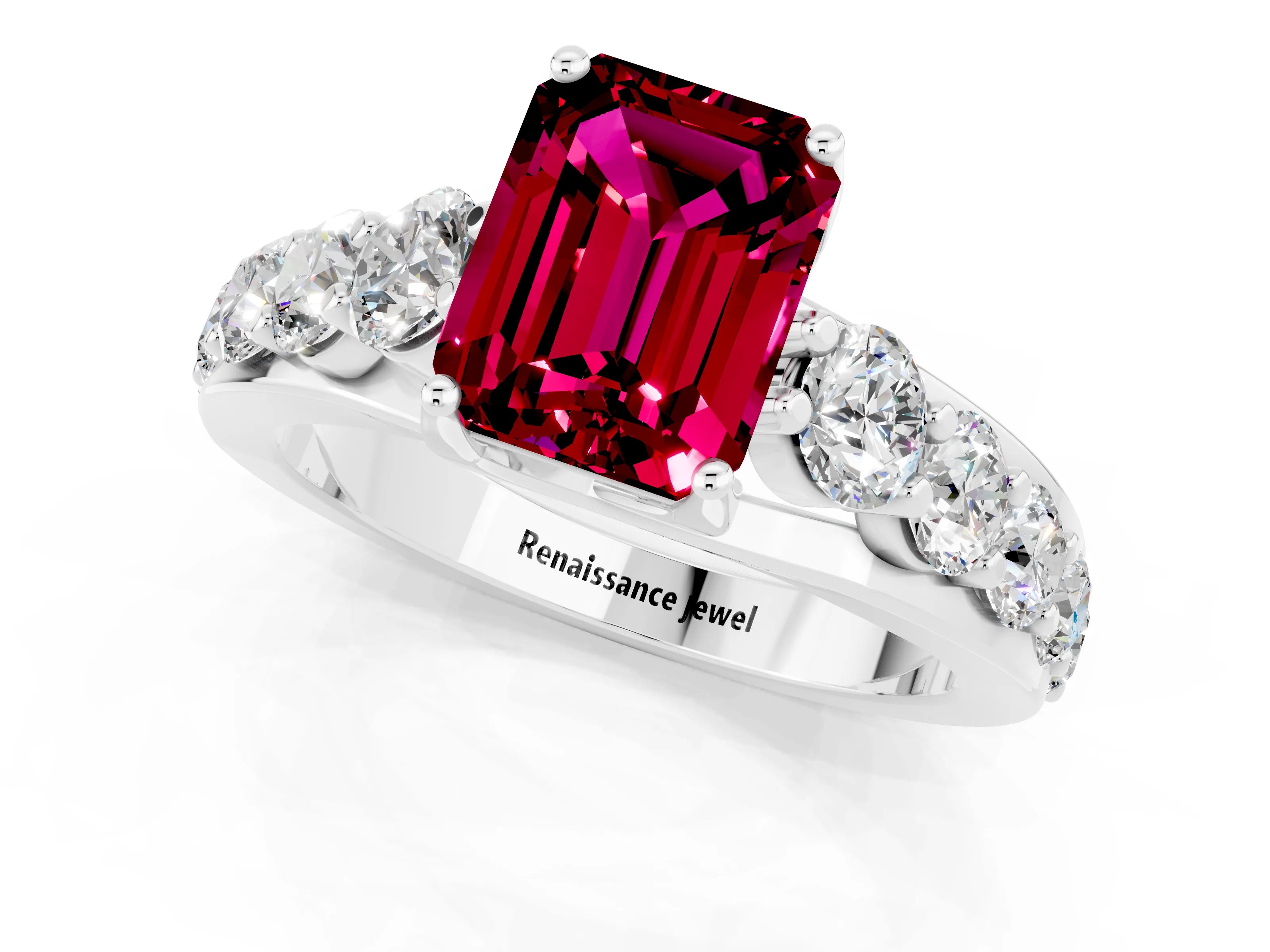 White gold Emerald Cut Garnet Engagement Ring with Pavé Band and Four-Prong Setting_1