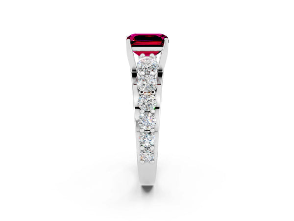 White gold Emerald Cut Garnet Engagement Ring with Pavé Band and Four-Prong Setting