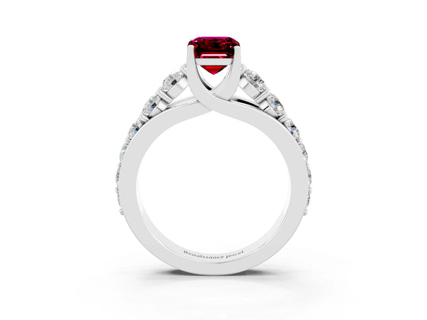 Silver Emerald Cut Garnet Engagement Ring with Pavé Band and Four-Prong Setting