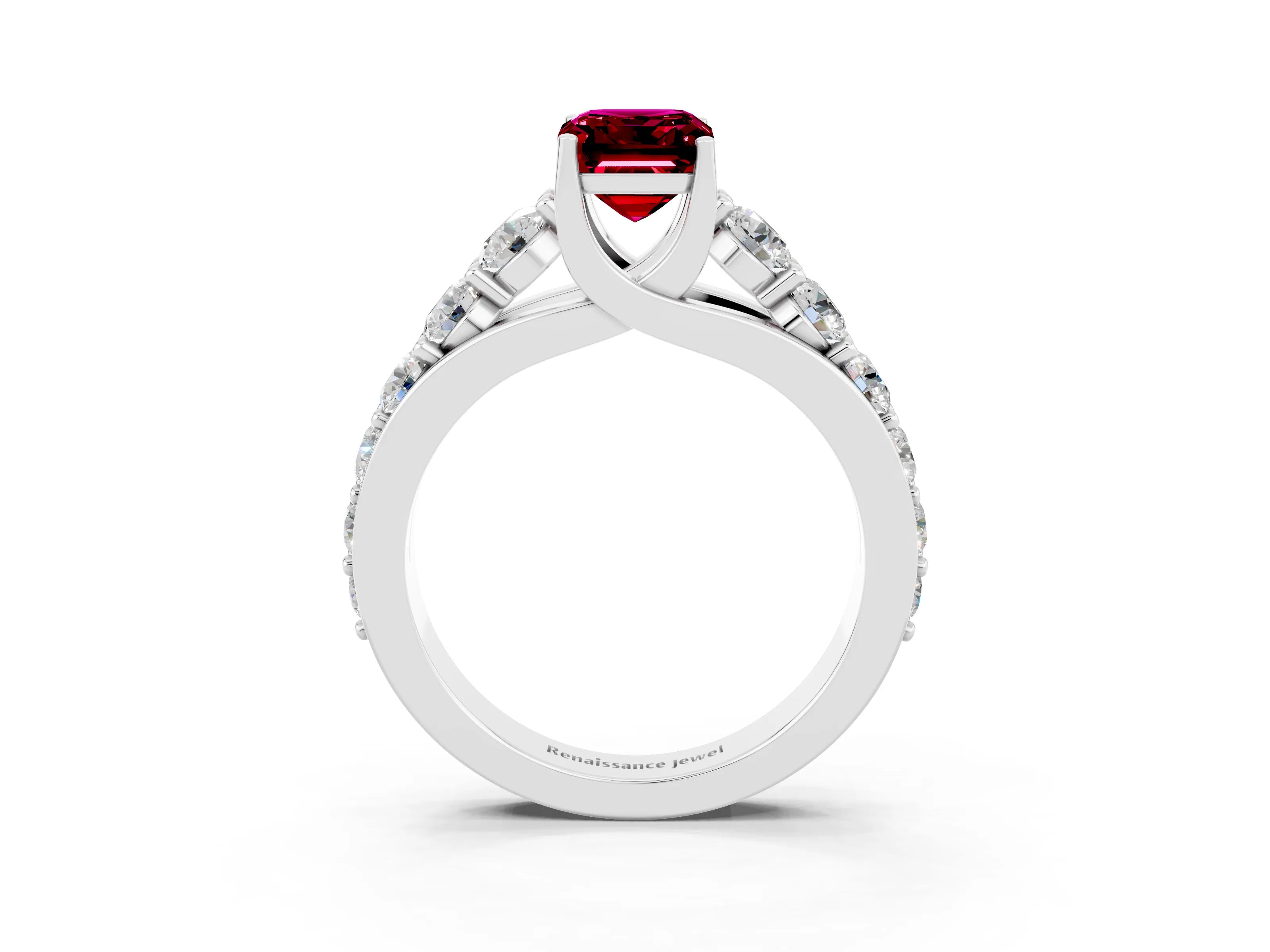 White gold Emerald Cut Garnet Engagement Ring with Pavé Band and Four-Prong Setting_3