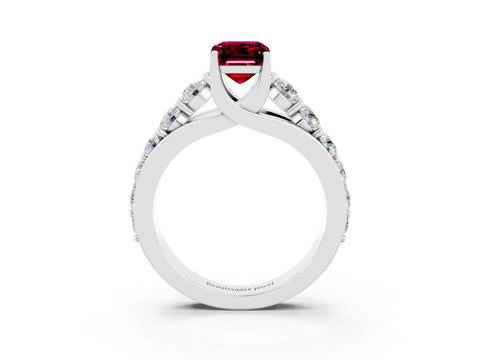 White gold Emerald Cut Garnet Engagement Ring with Pavé Band and Four-Prong Setting_3