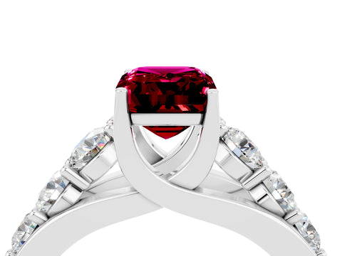 White gold Emerald Cut Garnet Engagement Ring with Pavé Band and Four-Prong Setting_4