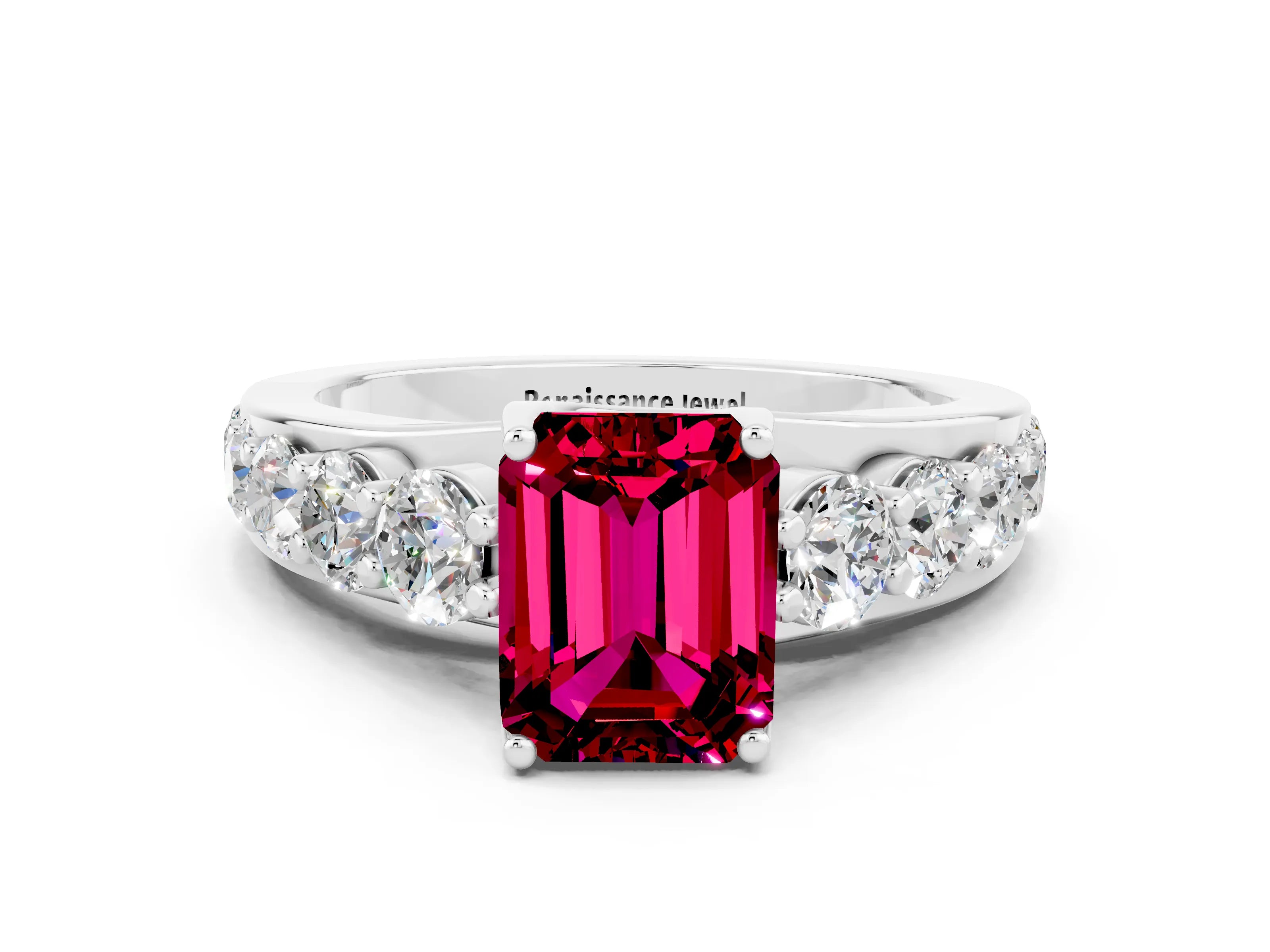 White gold Emerald Cut Garnet Engagement Ring with Pavé Band and Four-Prong Setting