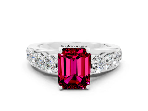White gold Emerald Cut Garnet Engagement Ring with Pavé Band and Four-Prong Setting