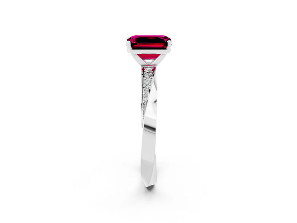 Platinum Emerald Cut Garnet Engagement Ring with Side Stone Accents and Four-Prong Setting