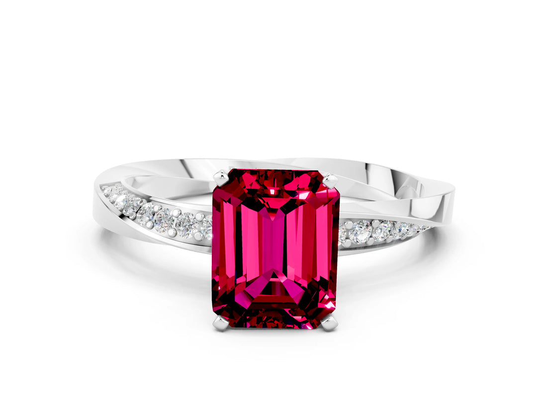 White gold Emerald Cut Garnet Engagement Ring with Side Stone Accents and Four-Prong Setting_84