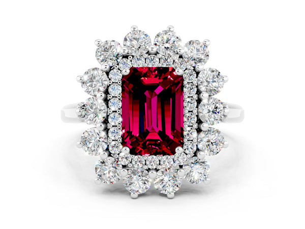 Silver Emerald Cut Garnet Floral Double Halo Engagement Ring with Prong Setting