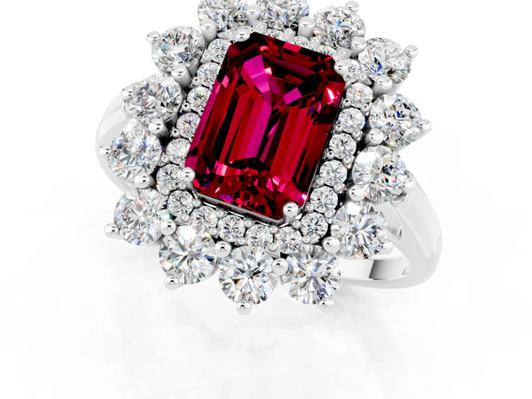 Platinum Emerald Cut Garnet Floral Double Halo Engagement Ring with Prong Setting