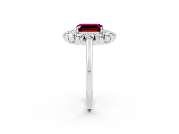 Platinum Emerald Cut Garnet Floral Double Halo Engagement Ring with Prong Setting