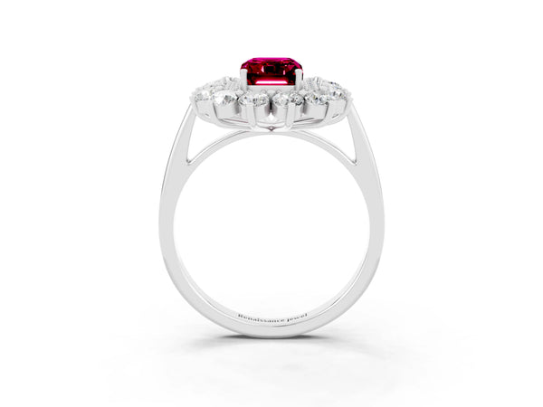 Platinum Emerald Cut Garnet Floral Double Halo Engagement Ring with Prong Setting