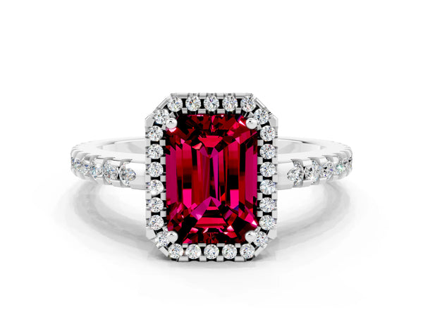 White gold Emerald Cut Garnet Halo Engagement Ring with Pavé Band and Prong Setting