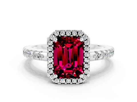 White gold Emerald Cut Garnet Halo Engagement Ring with Pavé Band and Prong Setting_12
