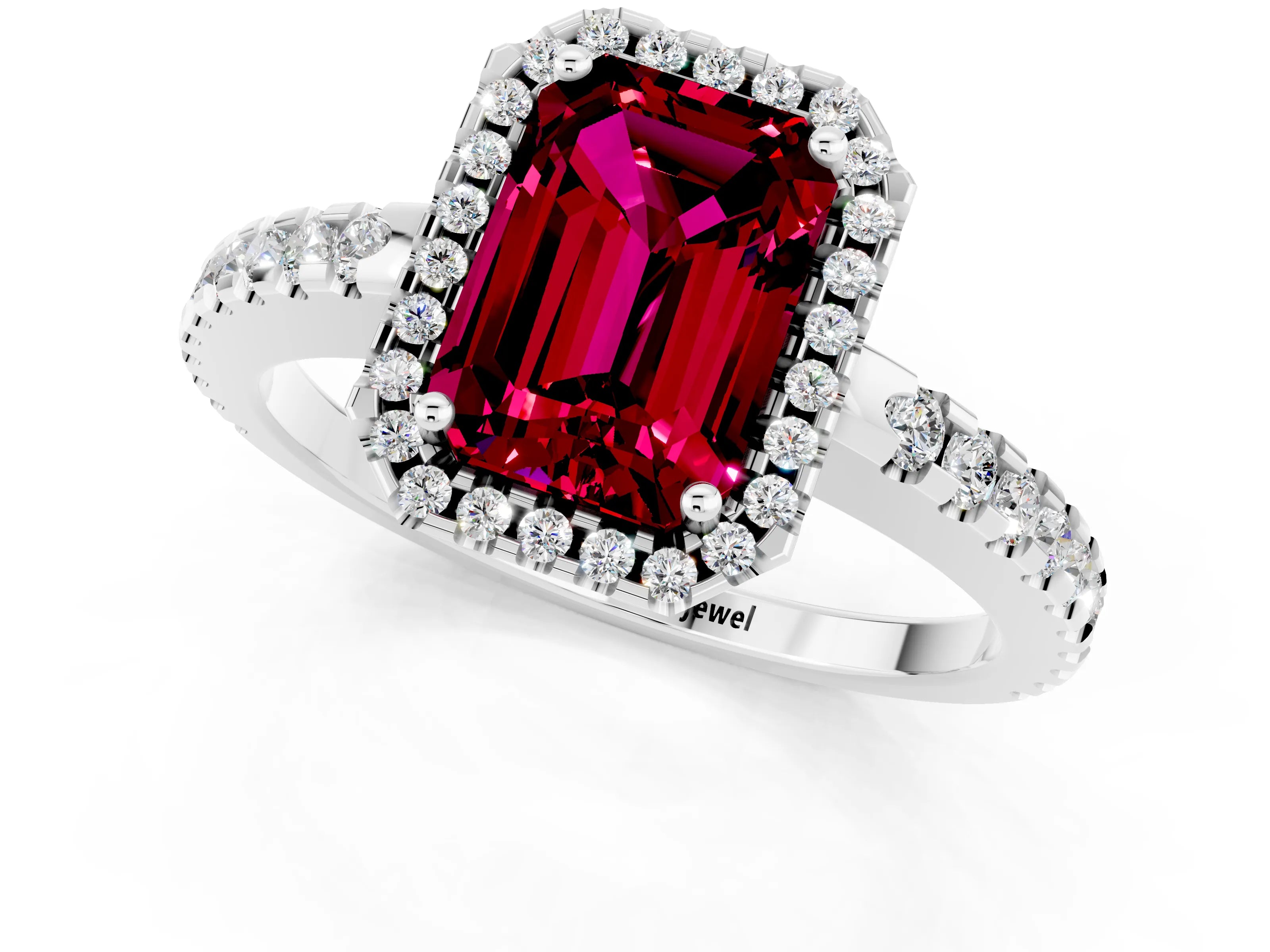 White gold Emerald Cut Garnet Halo Engagement Ring with Pavé Band and Prong Setting_13