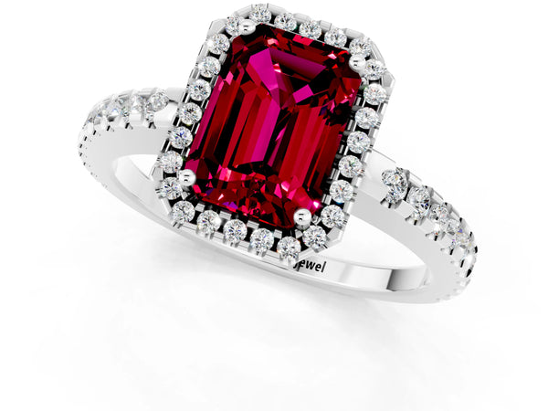 Silver Emerald Cut Garnet Halo Engagement Ring with Pavé Band and Prong Setting