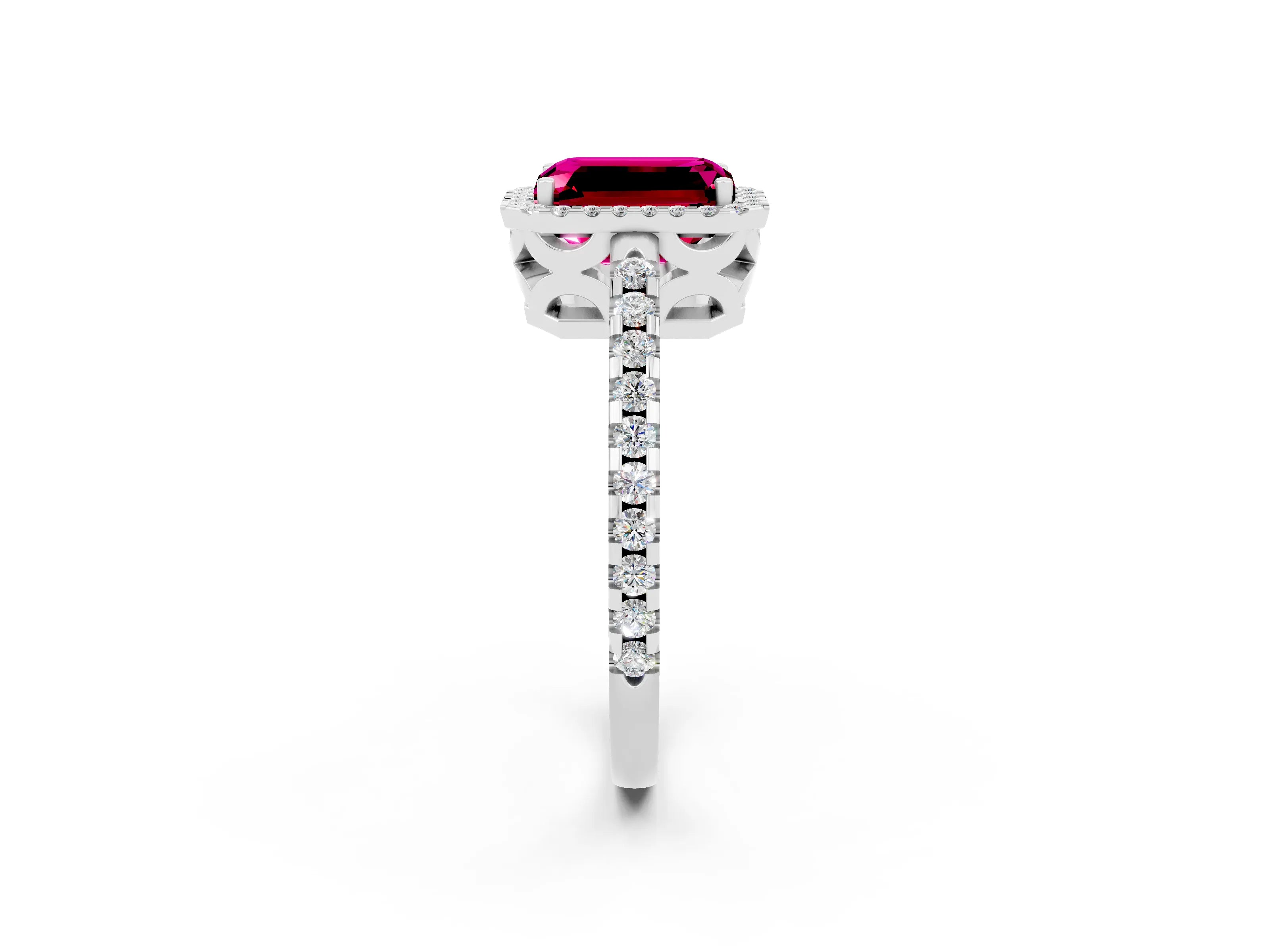White gold Emerald Cut Garnet Halo Engagement Ring with Pavé Band and Prong Setting_14
