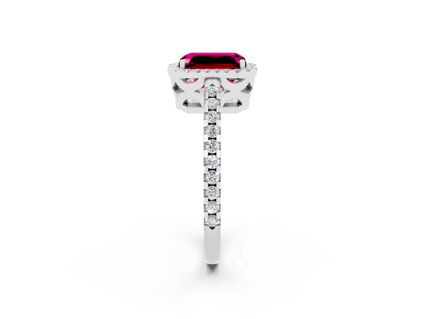 Platinum Emerald Cut Garnet Halo Engagement Ring with Pavé Band and Prong Setting