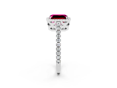 White gold Emerald Cut Garnet Halo Engagement Ring with Pavé Band and Prong Setting_14
