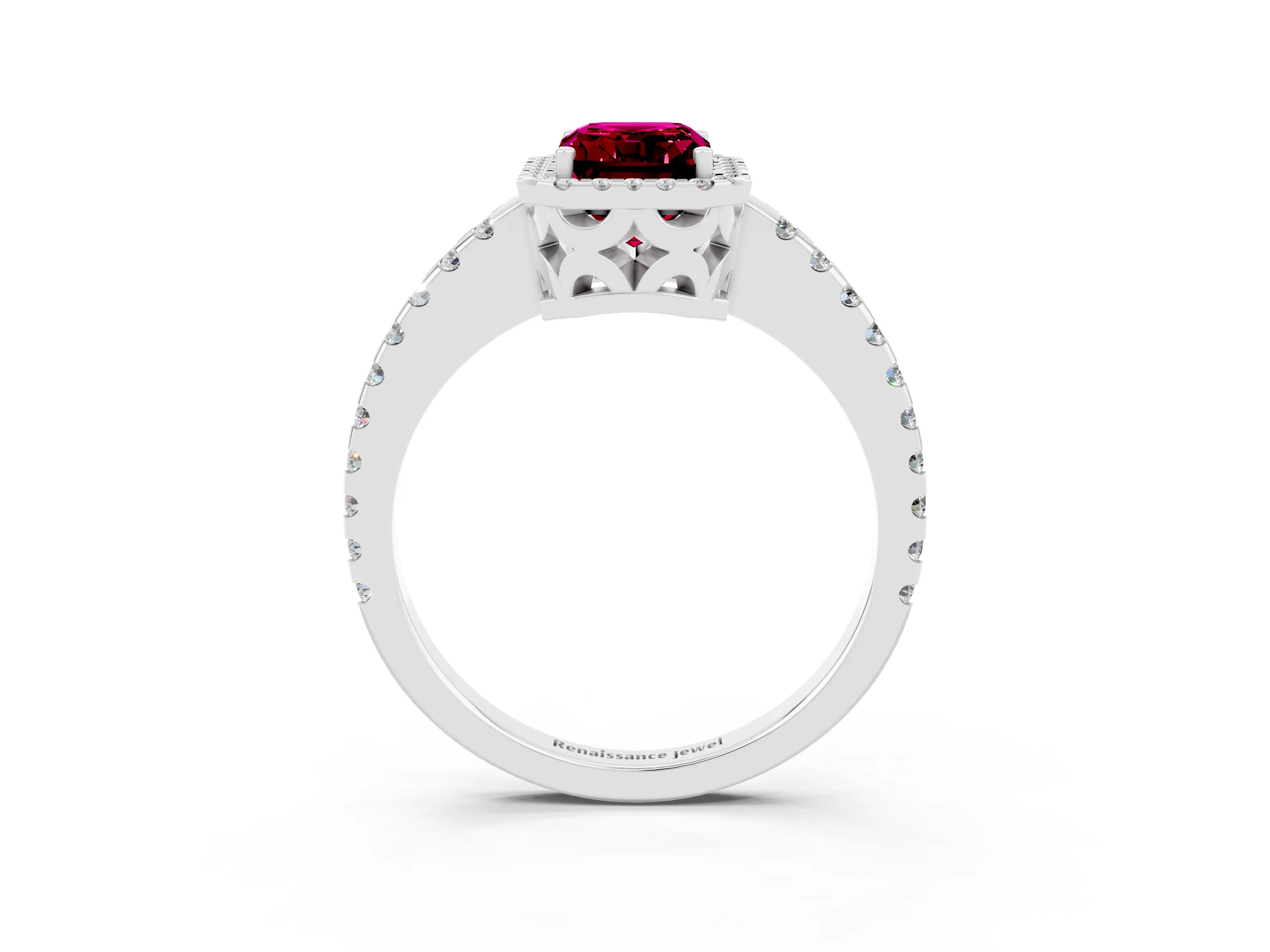 White gold Emerald Cut Garnet Halo Engagement Ring with Pavé Band and Prong Setting_15