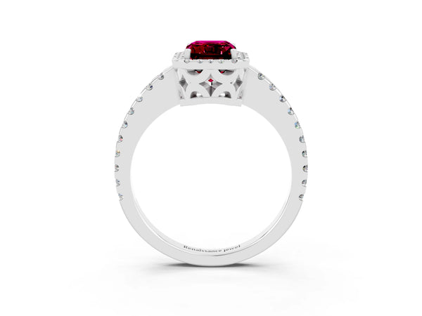 White gold Emerald Cut Garnet Halo Engagement Ring with Pavé Band and Prong Setting