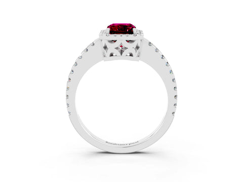 White gold Emerald Cut Garnet Halo Engagement Ring with Pavé Band and Prong Setting_15