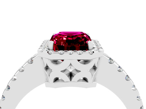 White gold Emerald Cut Garnet Halo Engagement Ring with Pavé Band and Prong Setting_16