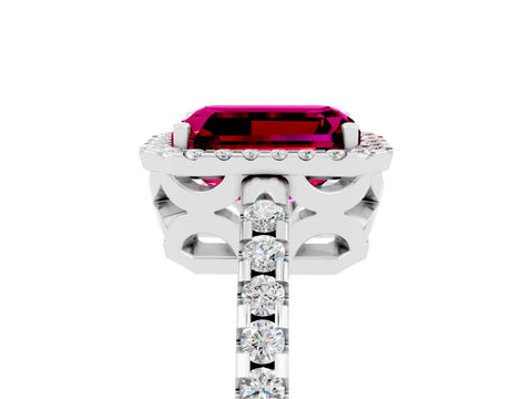 White gold Emerald Cut Garnet Halo Engagement Ring with Pavé Band and Prong Setting_17