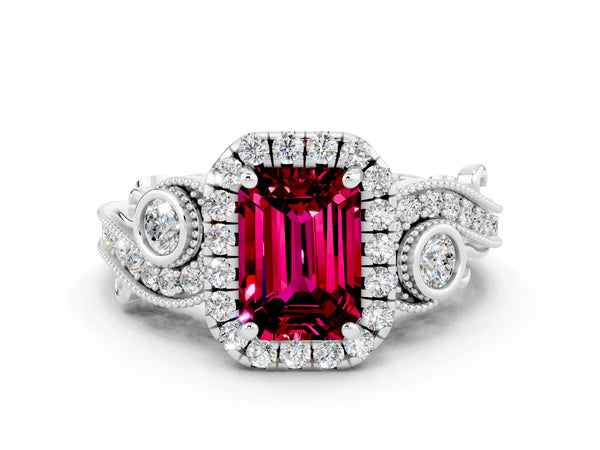 Platinum Emerald Cut Garnet Halo Ring with Milgrain Pavé Band and Four-Prong Setting