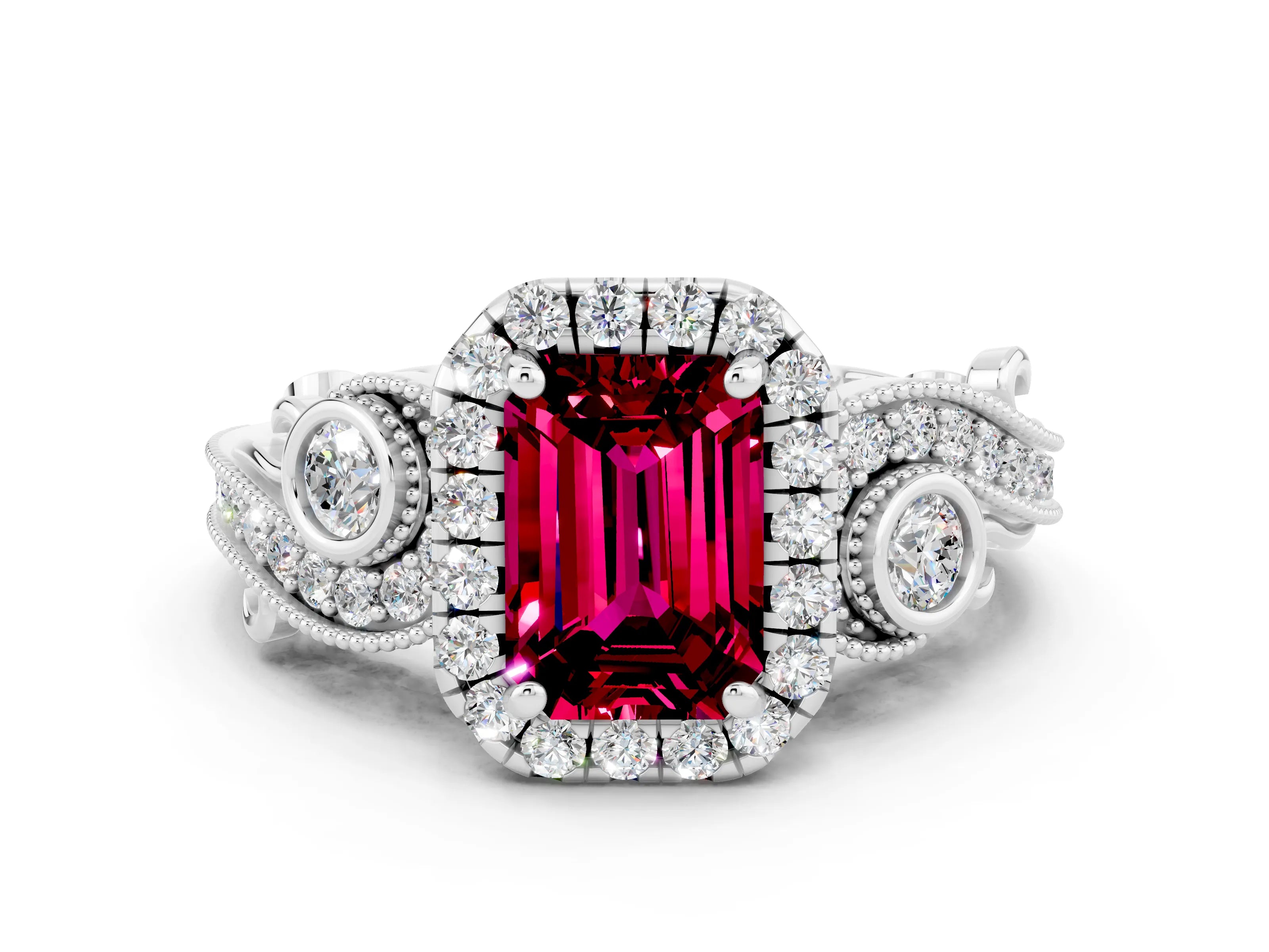 White gold Emerald Cut Garnet Halo Ring with Milgrain Pavé Band and Four-Prong Setting_12