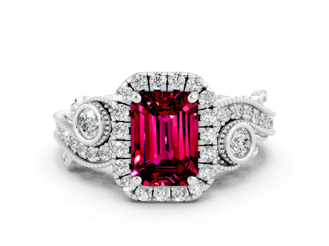 White gold Emerald Cut Garnet Halo Ring with Milgrain Pavé Band and Four-Prong Setting_12