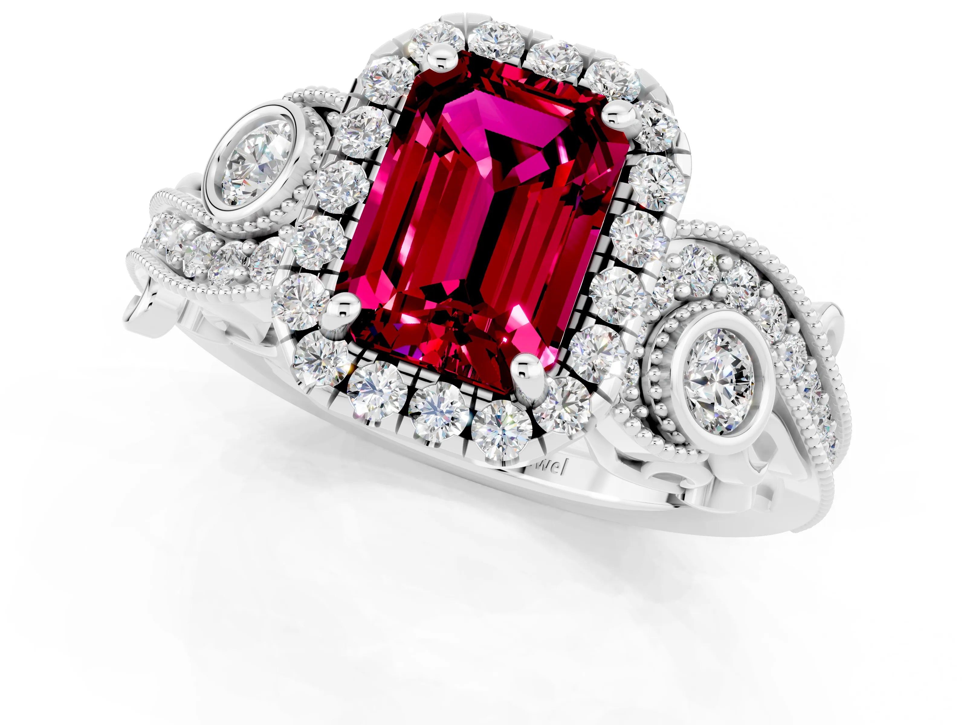 White gold Emerald Cut Garnet Halo Ring with Milgrain Pavé Band and Four-Prong Setting_13
