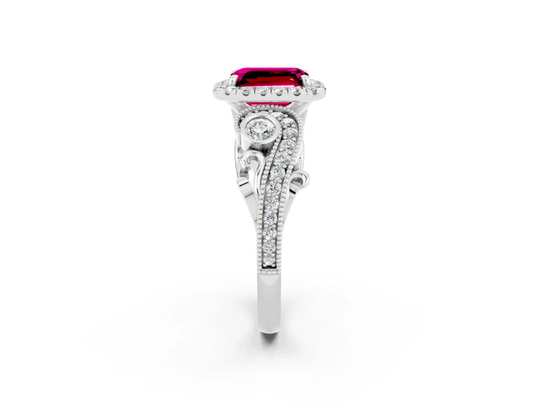 Silver Emerald Cut Garnet Halo Ring with Milgrain Pavé Band and Four-Prong Setting
