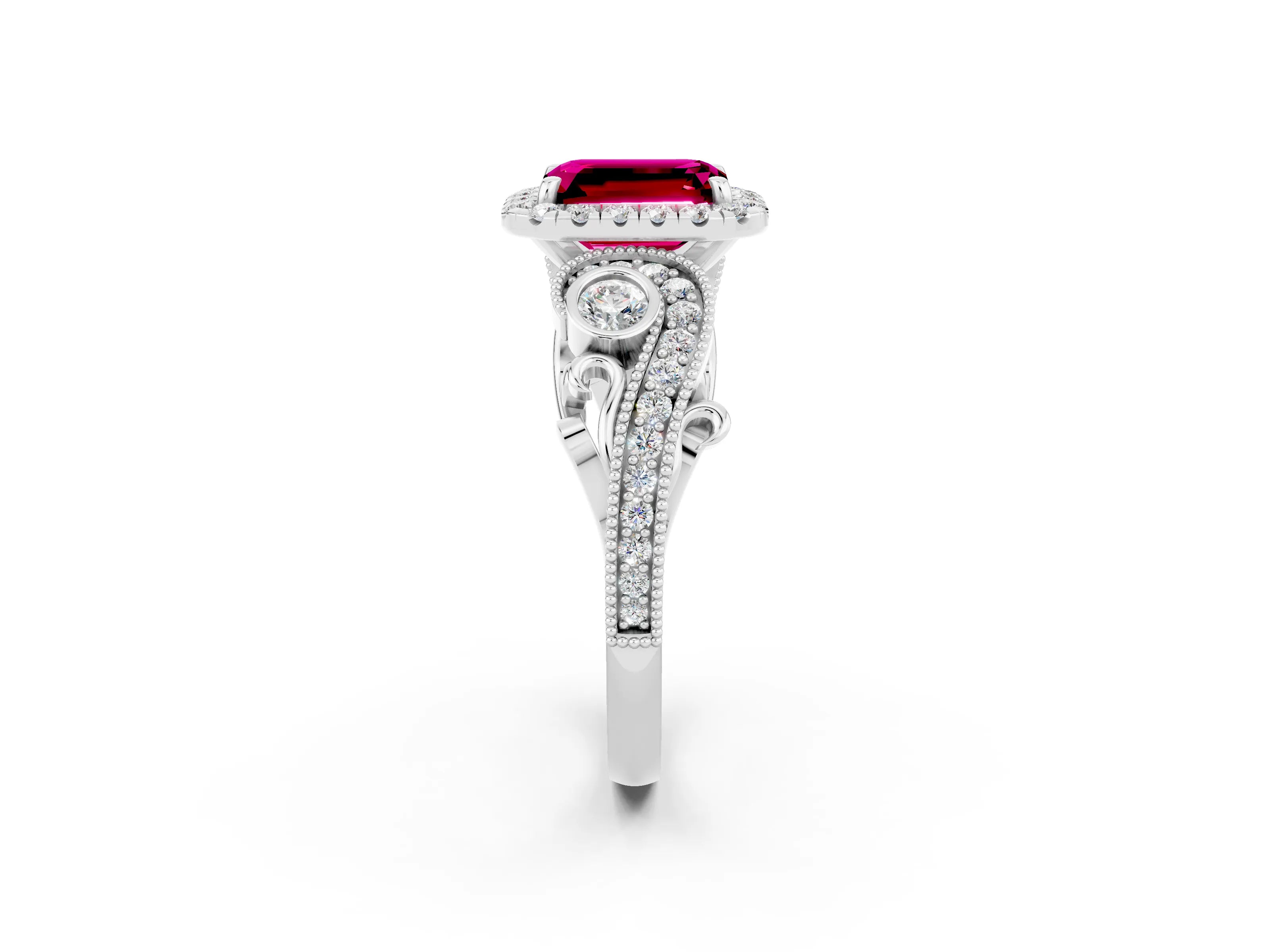 White gold Emerald Cut Garnet Halo Ring with Milgrain Pavé Band and Four-Prong Setting_14