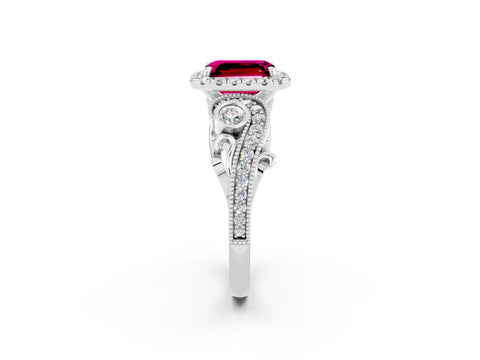 White gold Emerald Cut Garnet Halo Ring with Milgrain Pavé Band and Four-Prong Setting_14