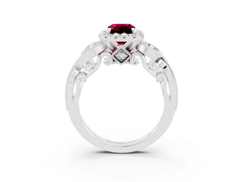 White gold Emerald Cut Garnet Halo Ring with Milgrain Pavé Band and Four-Prong Setting_15