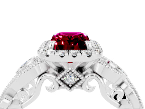 White gold Emerald Cut Garnet Halo Ring with Milgrain Pavé Band and Four-Prong Setting_16