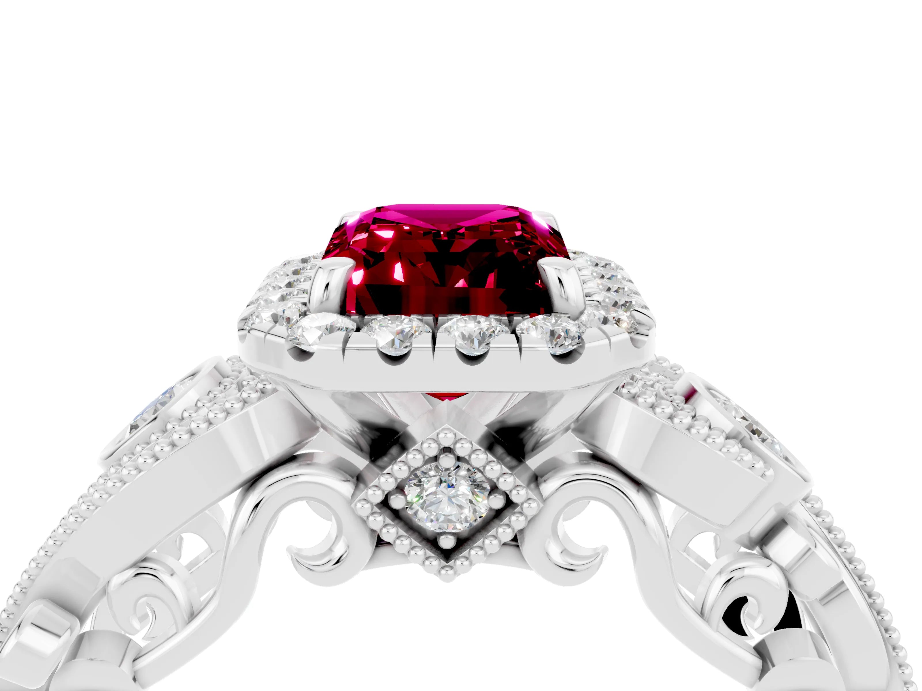 White gold Emerald Cut Garnet Halo Ring with Milgrain Pavé Band and Four-Prong Setting_16