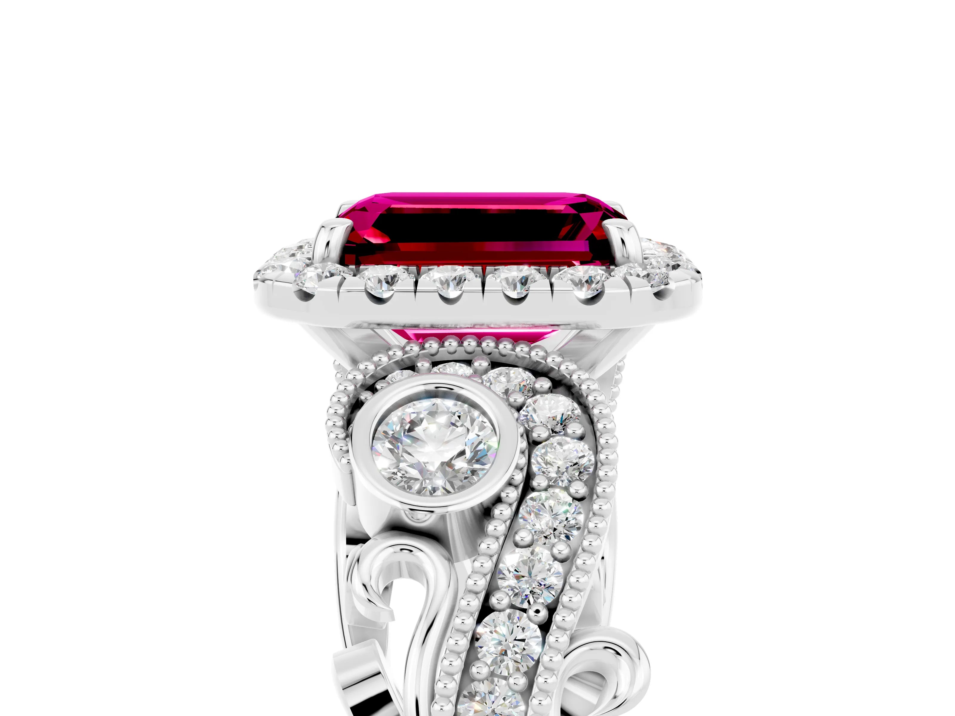 White gold Emerald Cut Garnet Halo Ring with Milgrain Pavé Band and Four-Prong Setting_17