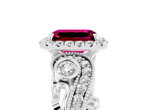 White gold Emerald Cut Garnet Halo Ring with Milgrain Pavé Band and Four-Prong Setting_17
