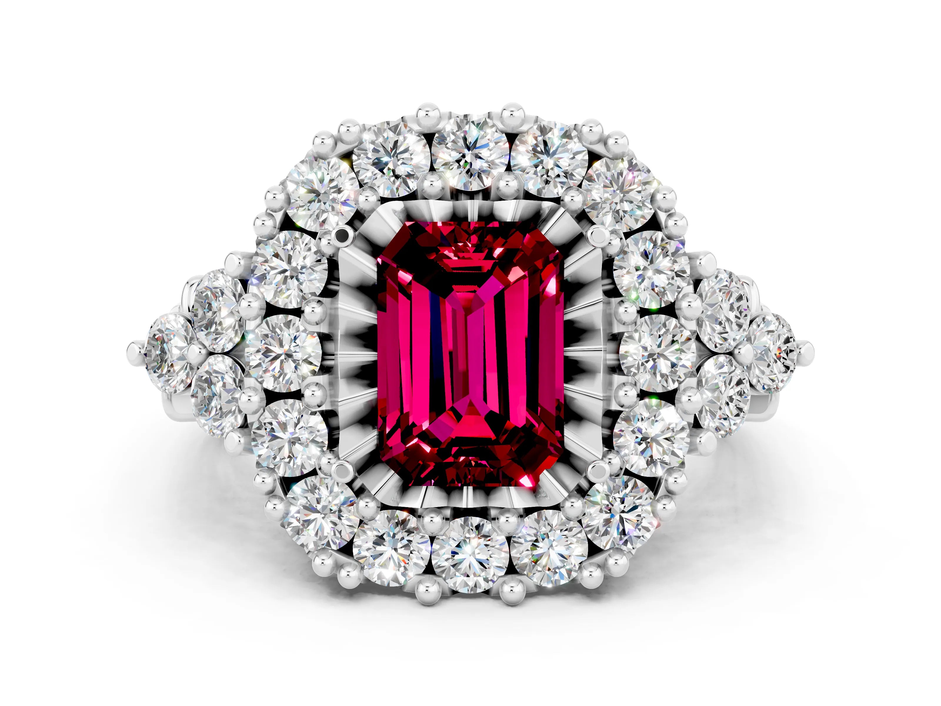 White gold Emerald Cut Garnet Halo Ring with Pavé Band and Four-Prong Setting_12